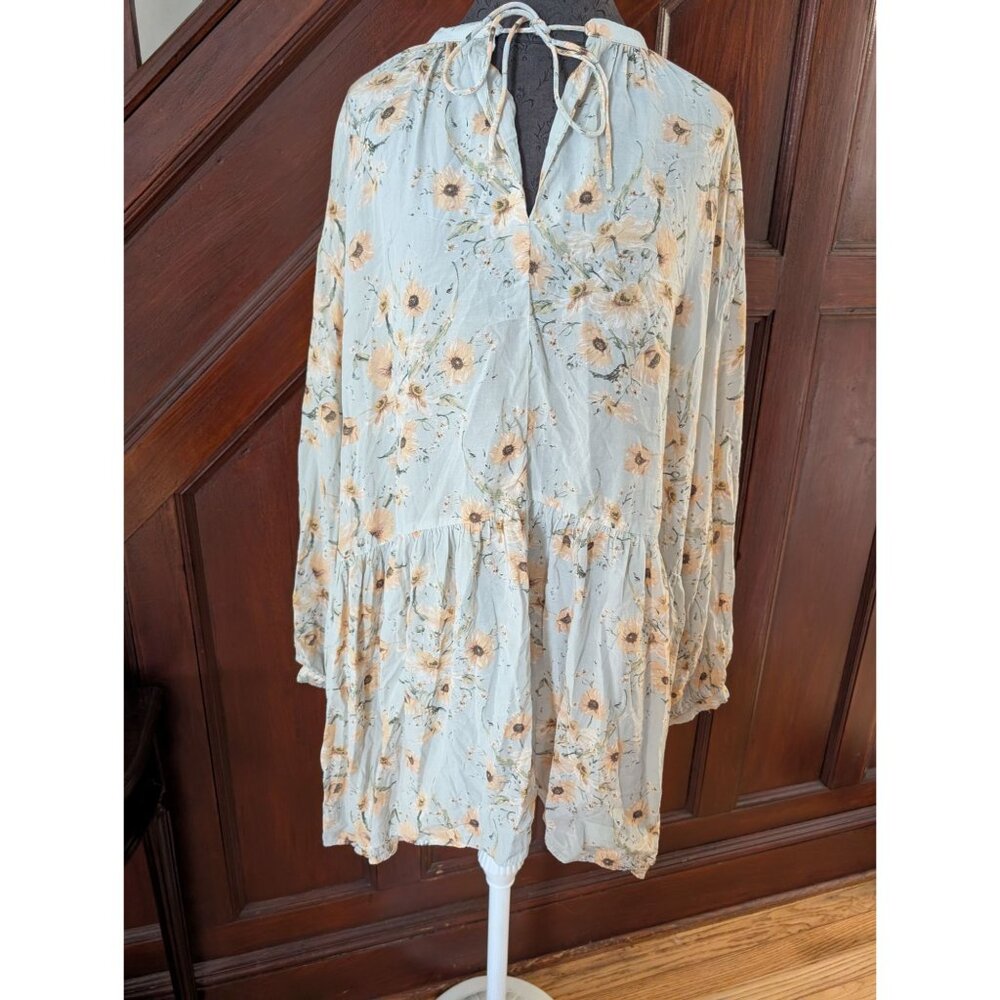 H&M Floral Long-Sleeve Peasant Blouse Dress With Tie Neck & Ruffles Size 12